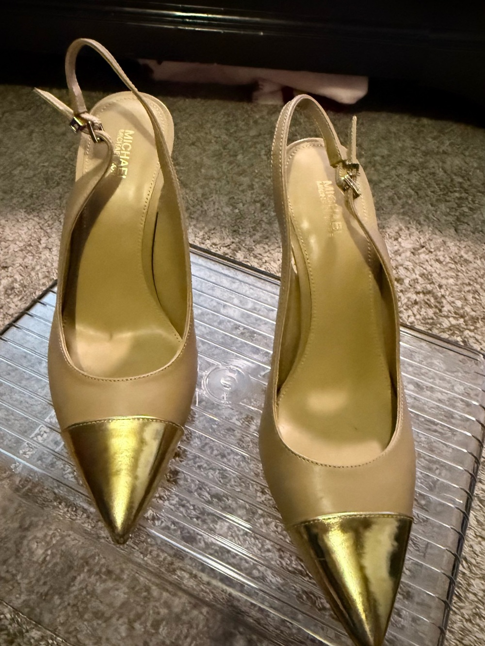 Michael Kors Taupe Slingback Pumps with Gold Pointed Toe Cap